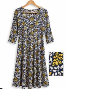 FROCK SHOP Navy Floral Leaf Print Dress 3/4 Sleeve A-Line Dress Size Medium